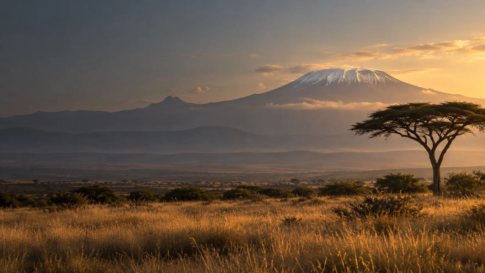 Illustrative view of Mount Kilimanjaro and savanna at dawn
